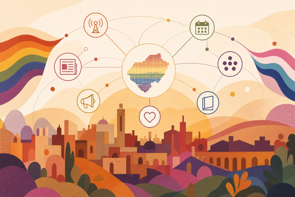 Silueta urbana de Granada conectada con símbolos de noticias, agenda, recursos y colores de la comunidad LGTBIQA+.