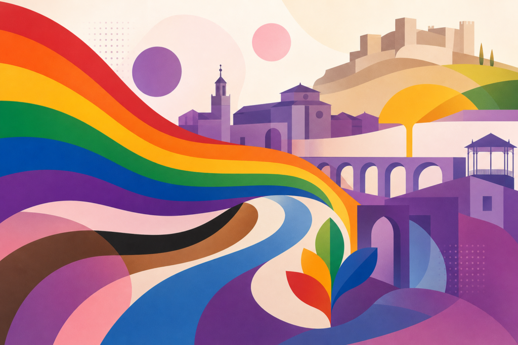 Ilustración abstracta con colores LGTBIQA+ y siluetas urbanas y paisajísticas estilizadas de Guadalajara.