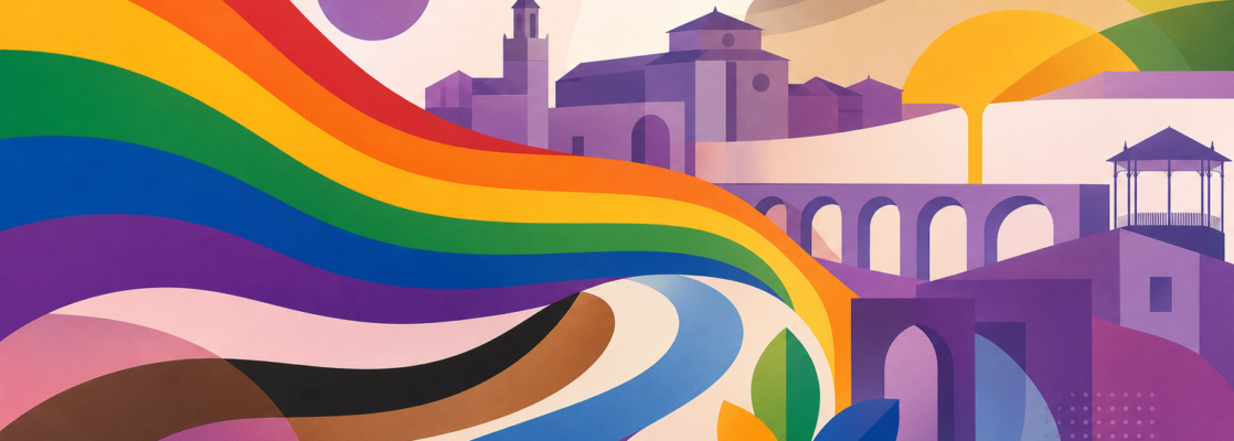 Ilustración abstracta con colores LGTBIQA+ y siluetas urbanas y paisajísticas estilizadas de Guadalajara.