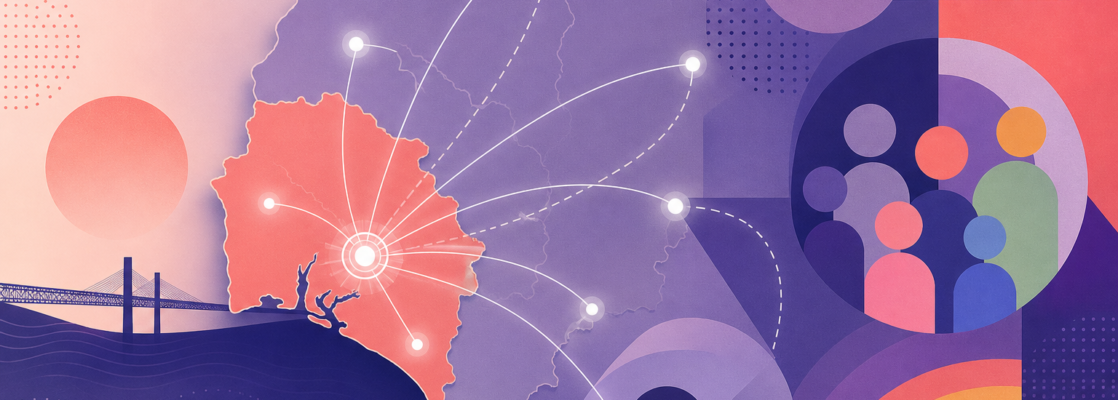 Mapa abstracto de Huelva en tonos morados y coral con formas geométricas que representan conexión y diversidad.