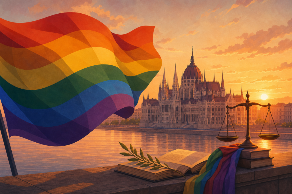 Parlamento de Hungría en Budapest al atardecer con una bandera arcoíris estilizada en primer plano.