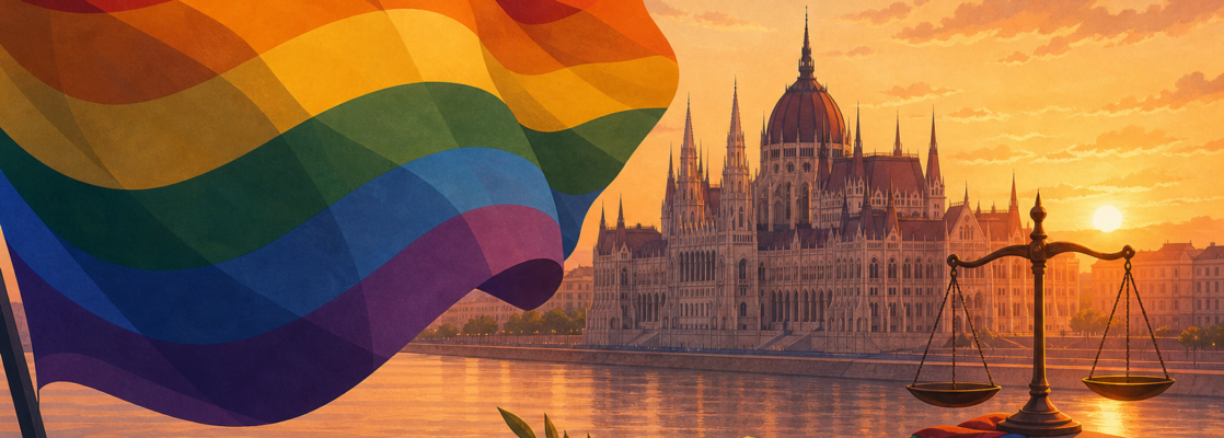 Parlamento de Hungría en Budapest al atardecer con una bandera arcoíris estilizada en primer plano.