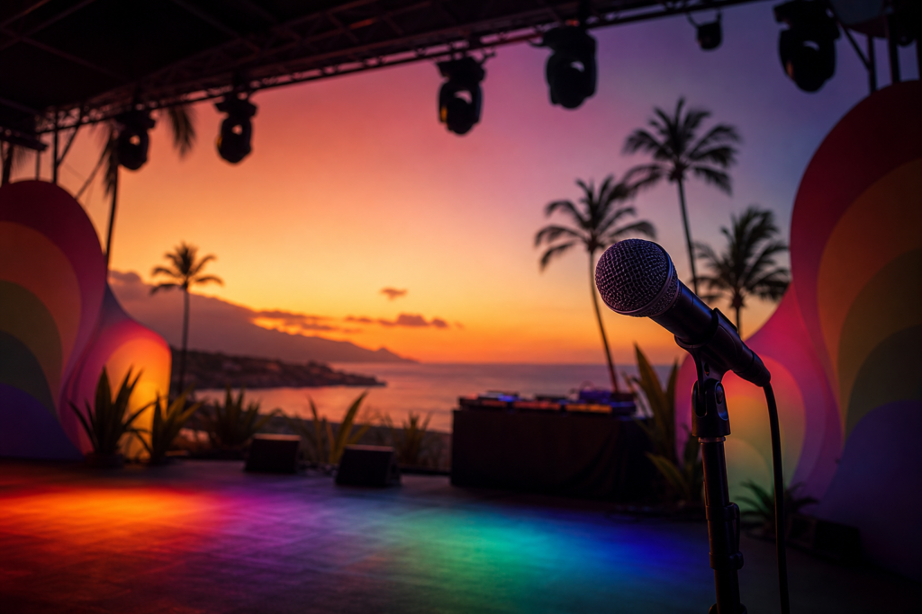 Escenario vacío con micrófono, luces arcoíris, palmeras y una silueta del mar al atardecer en Canarias.