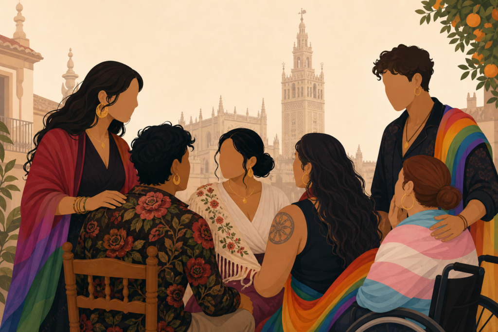 Grupo diverso de personas gitanas LGTBIQ+ reunido ante una silueta de la Giralda en Sevilla.