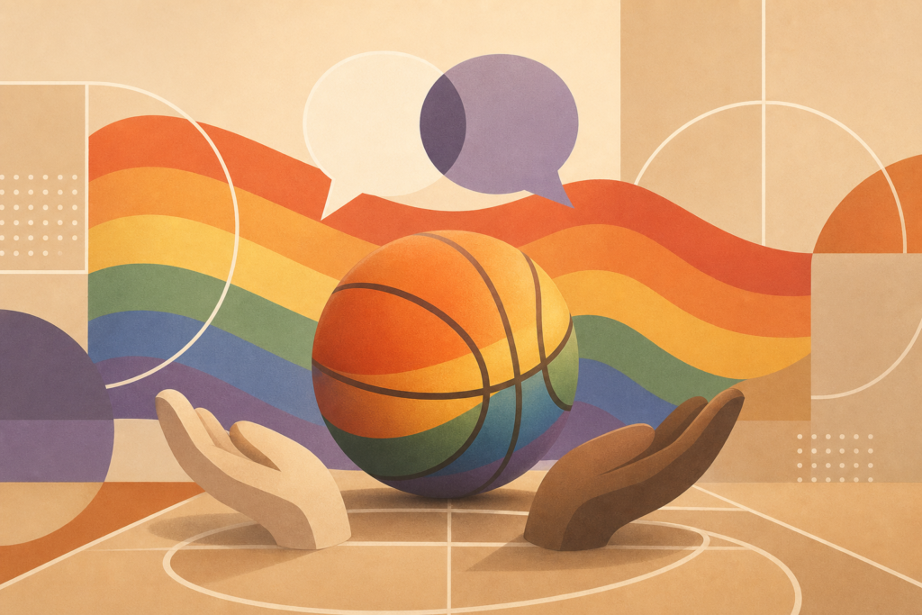 Bandera arcoíris estilizada con formas geométricas abstractas que evocan una pelota de baloncesto.