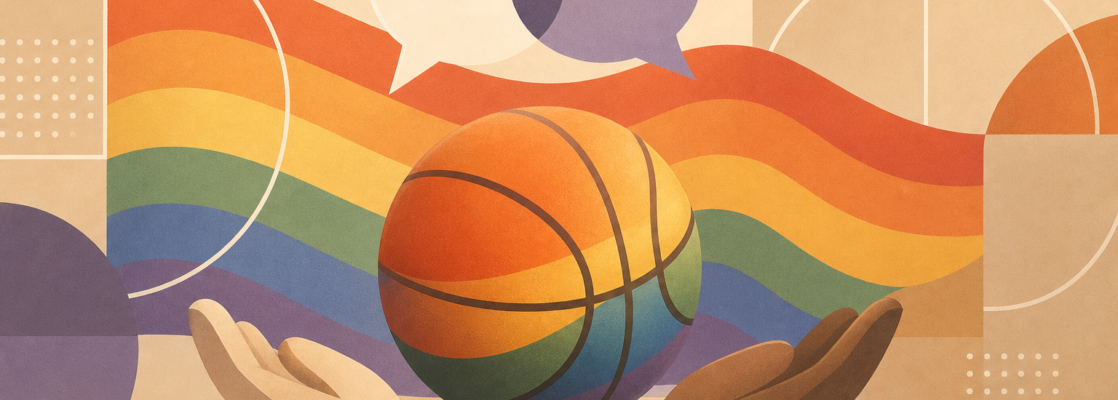 Bandera arcoíris estilizada con formas geométricas abstractas que evocan una pelota de baloncesto.