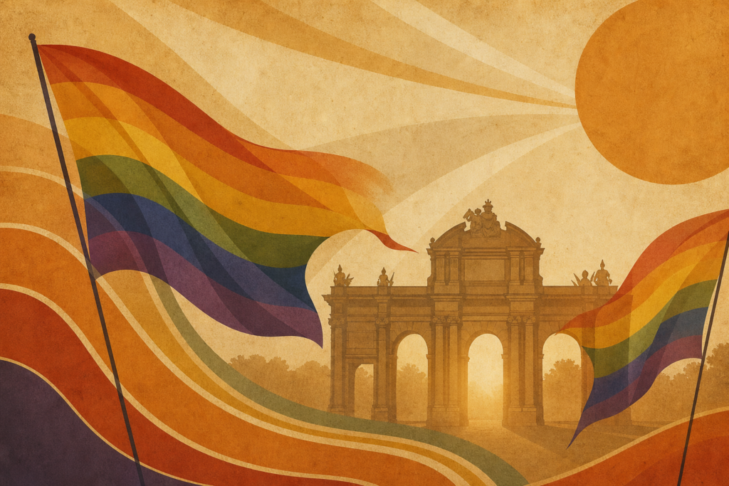 Puerta de Alcalá estilizada entre banderas arcoíris translúcidas y carteles vintage en tonos sepia.