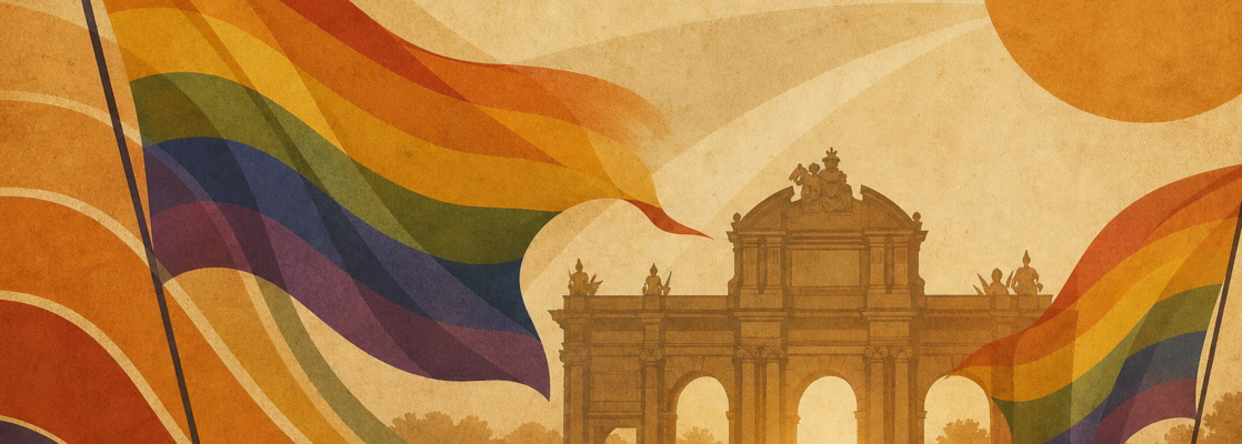 Puerta de Alcalá estilizada entre banderas arcoíris translúcidas y carteles vintage en tonos sepia.