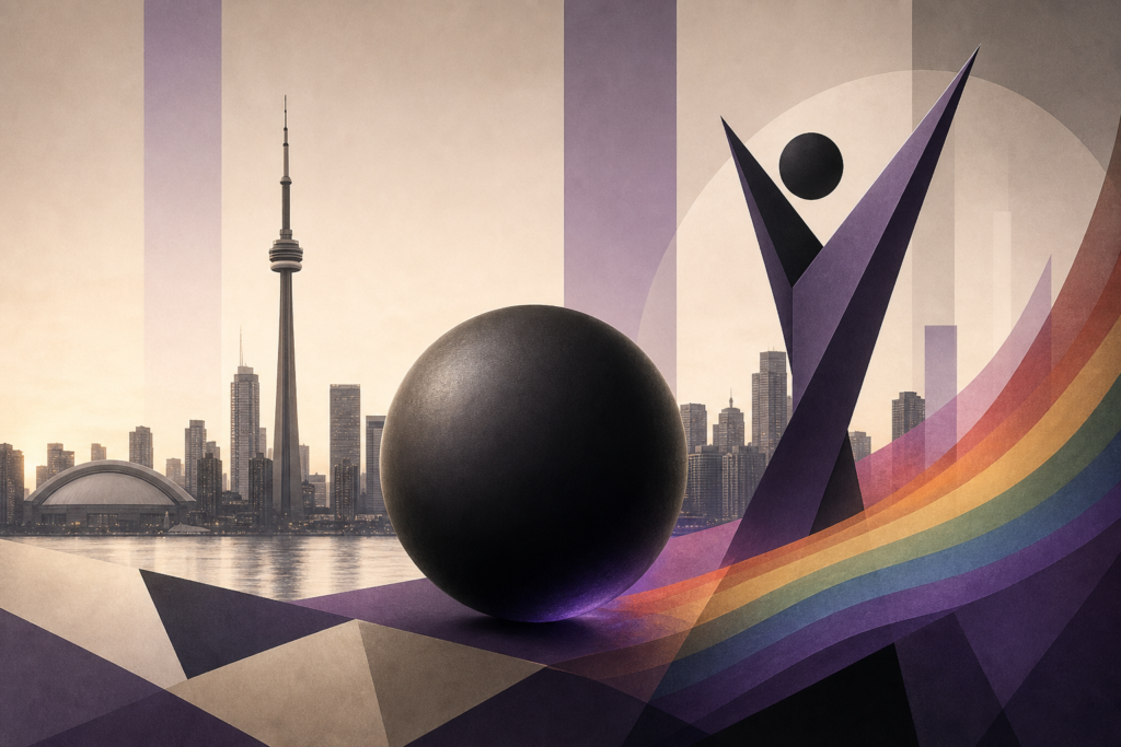 Esfera negra y figura celebratoria ante un skyline estilizado de Toronto con detalles morados y arcoíris.