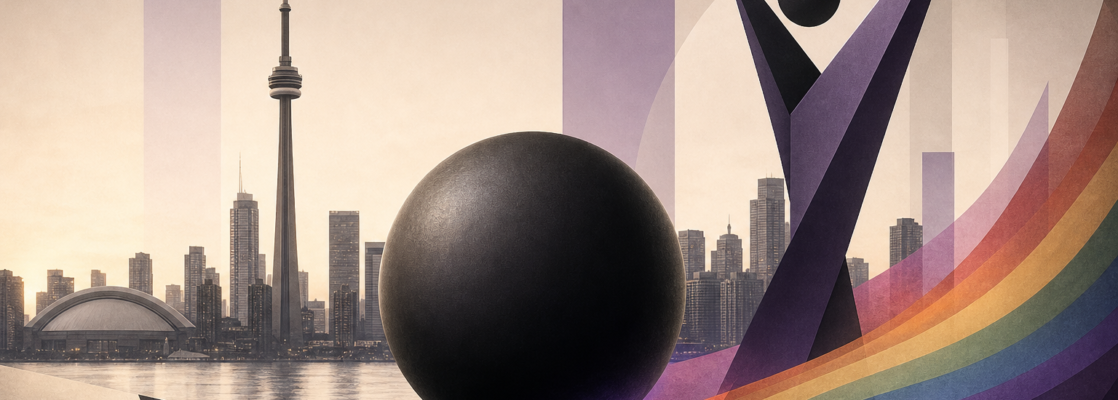 Esfera negra y figura celebratoria ante un skyline estilizado de Toronto con detalles morados y arcoíris.
