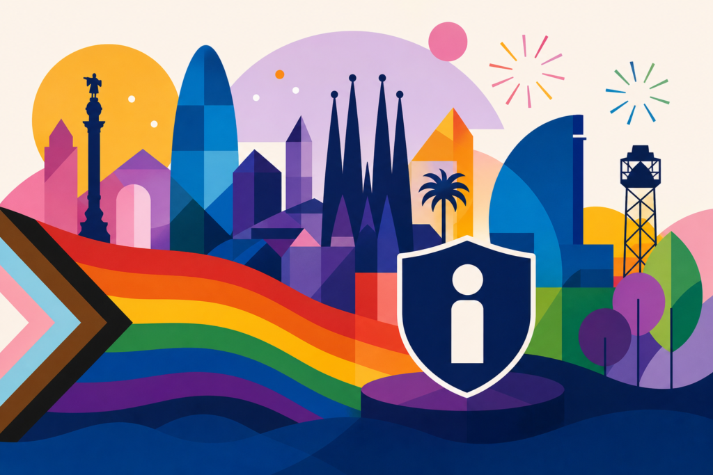 Ilustración de Barcelona con colores LGTBIQ+ y un símbolo de atención y seguridad durante La Mercè.