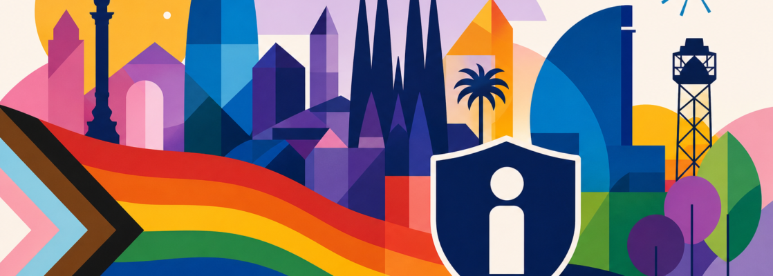 Ilustración de Barcelona con colores LGTBIQ+ y un símbolo de atención y seguridad durante La Mercè.