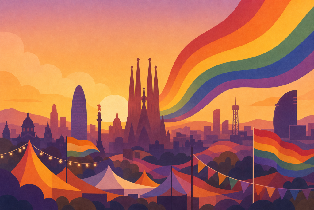 Ilustración simbólica de La Mercè con banderas arcoíris, carpas festivas y la silueta urbana de Barcelona.