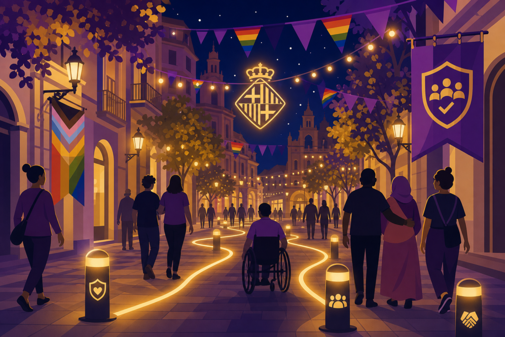 Calles nocturnas festivas con banderines morados y arcoíris, un escudo simbólico y rutas seguras iluminadas.