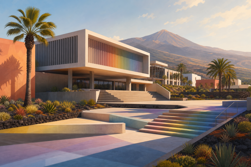 Campus universitario de líneas modernas en un paisaje volcánico de La Palma, con palmeras y tonos arcoíris sutiles.