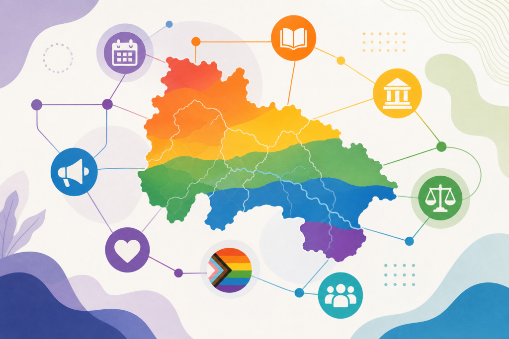 Mapa estilizado de La Rioja con colores inclusivos e iconos de agenda, cultura, derechos y comunicación local.