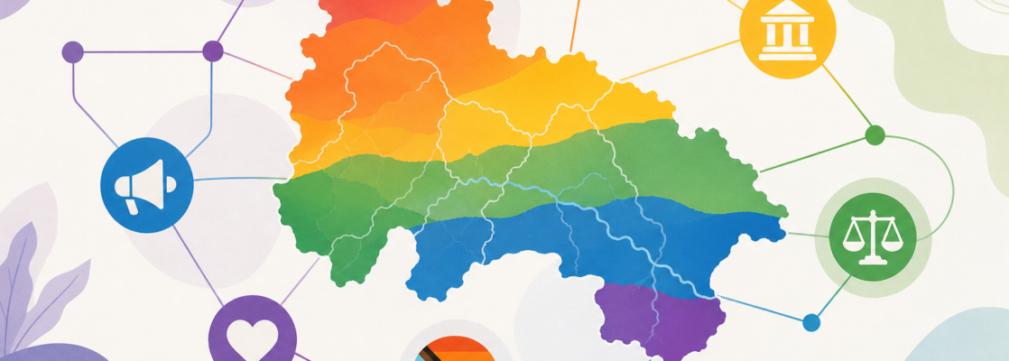 Mapa estilizado de La Rioja con colores inclusivos e iconos de agenda, cultura, derechos y comunicación local.