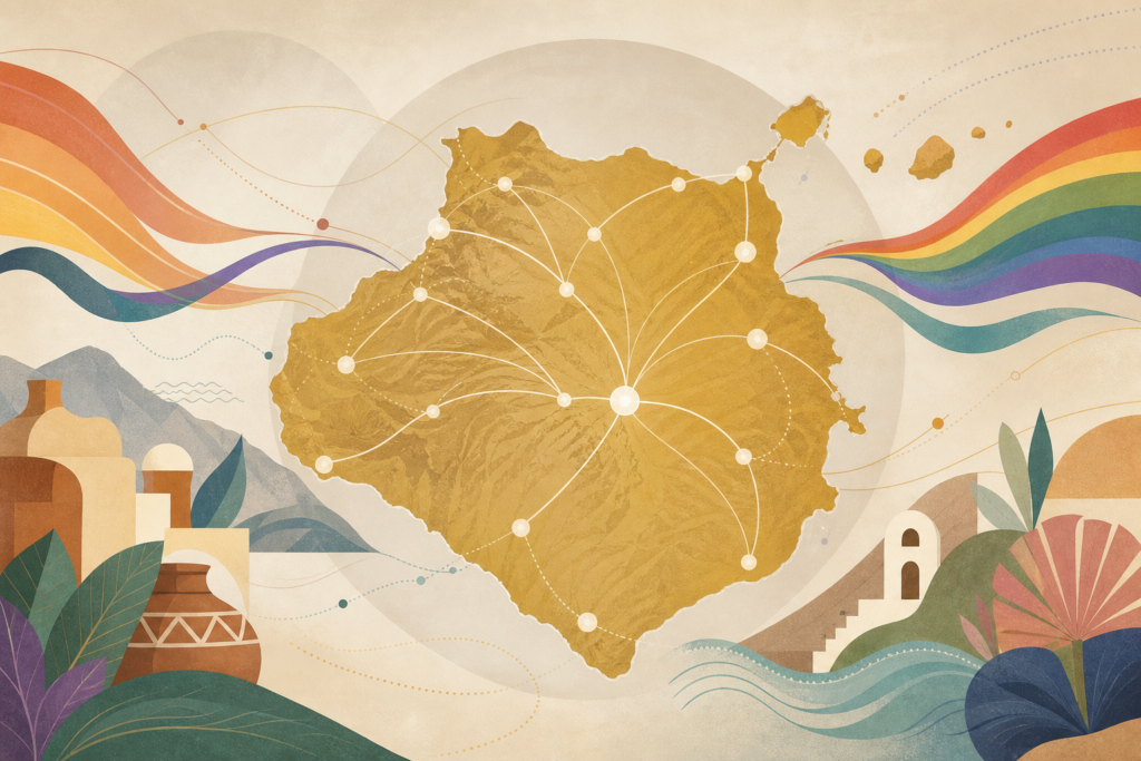 Mapa estilizado de Las Palmas con puntos conectados y formas de colores que representan una red informativa LGTBIQA+.