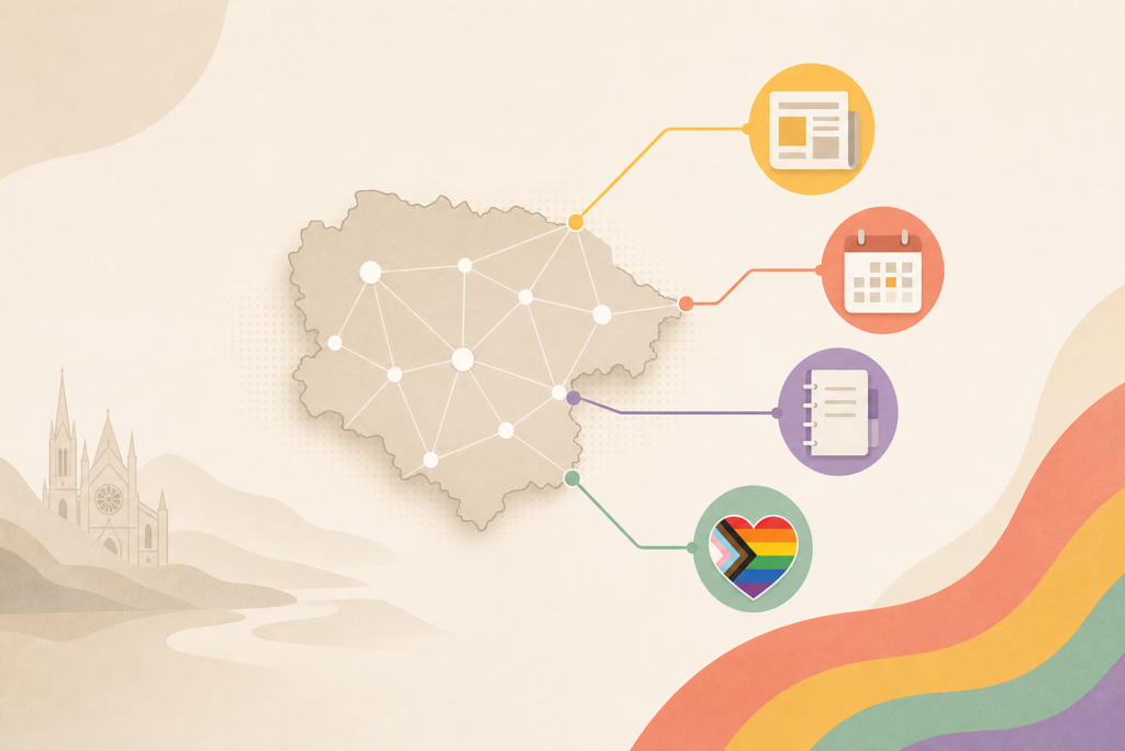 Mapa estilizado de León conectado con iconos de noticias, calendario y recursos LGTBIQA+.