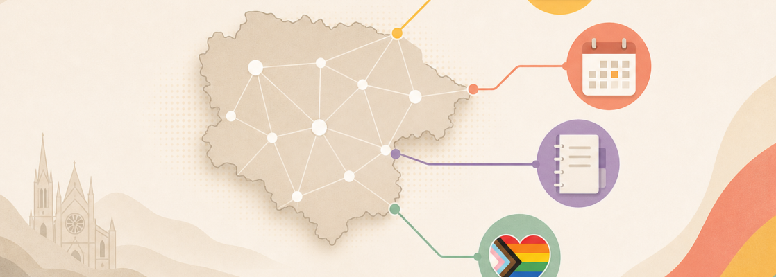 Mapa estilizado de León conectado con iconos de noticias, calendario y recursos LGTBIQA+.