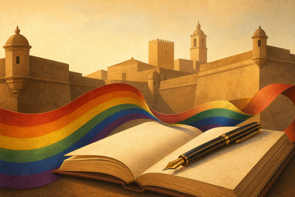 Libro abierto con pluma y cinta arcoíris ante una silueta estilizada de las torres y murallas de Olivenza.