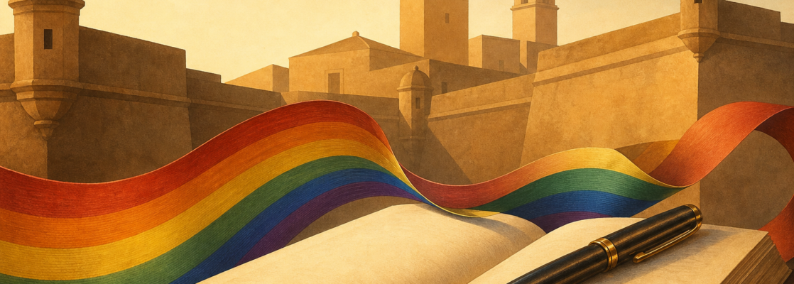 Libro abierto con pluma y cinta arcoíris ante una silueta estilizada de las torres y murallas de Olivenza.