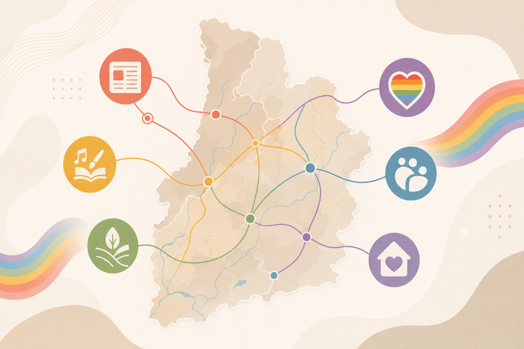 Mapa estilizado de Lleida conectado con iconos abstractos de noticias, cultura y recursos LGTBIQA+.