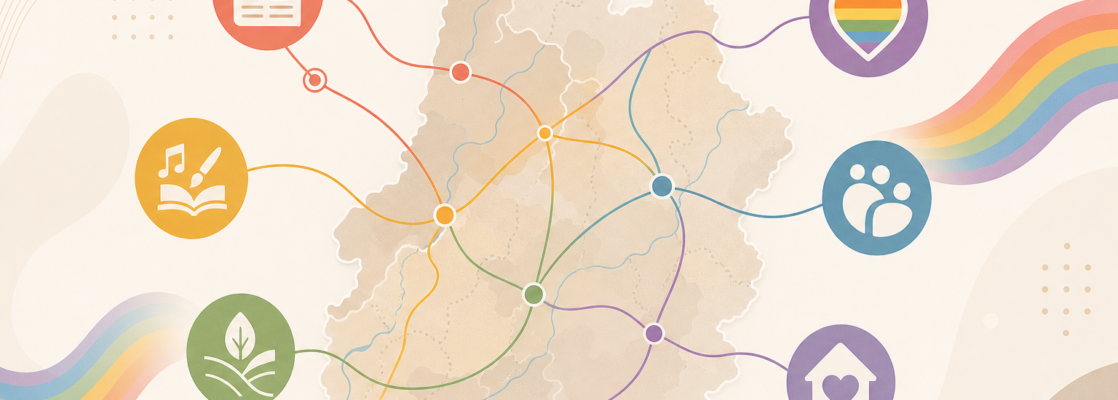 Mapa estilizado de Lleida conectado con iconos abstractos de noticias, cultura y recursos LGTBIQA+.