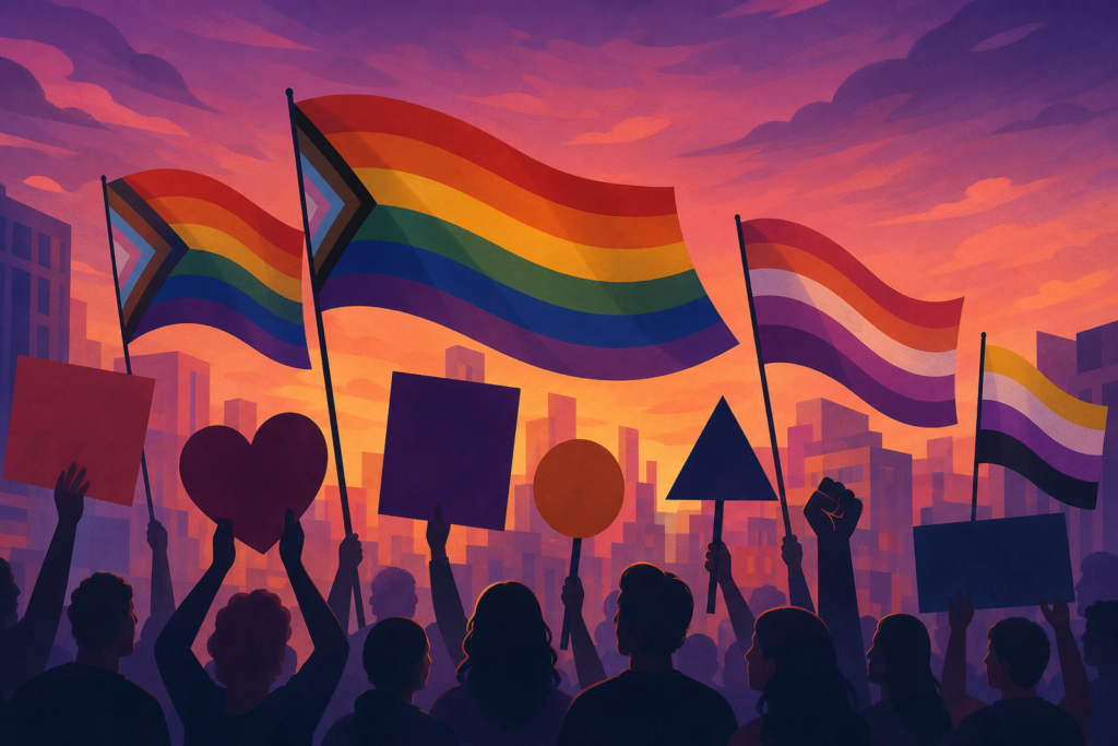 Banderas LGTBI estilizadas y carteles sin texto sobre un paisaje urbano abstracto de Madrid al atardecer.