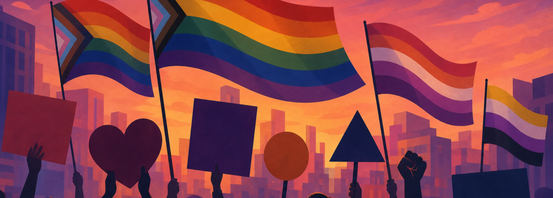 Banderas LGTBI estilizadas y carteles sin texto sobre un paisaje urbano abstracto de Madrid al atardecer.