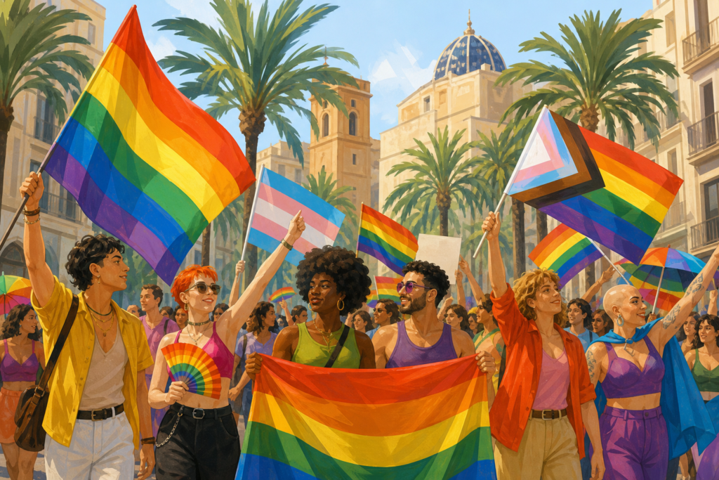 Multitud adulta estilizada con banderas arcoíris en una manifestación del Orgullo, con edificios y palmeras al fondo.