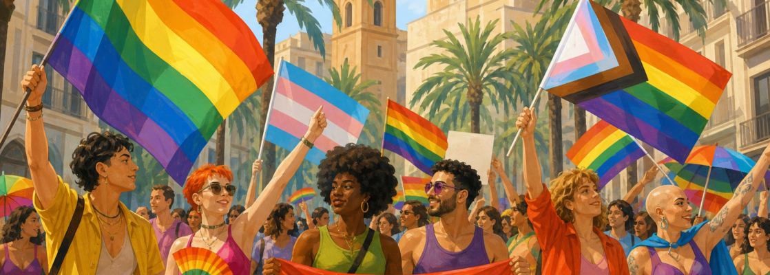Multitud adulta estilizada con banderas arcoíris en una manifestación del Orgullo, con edificios y palmeras al fondo.