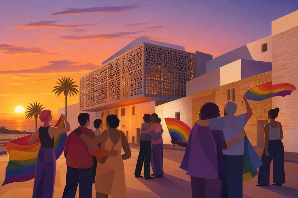 Fachada estilizada del Centro Cultural La Chanca con figuras diversas celebrando y elementos de colores arcoíris.