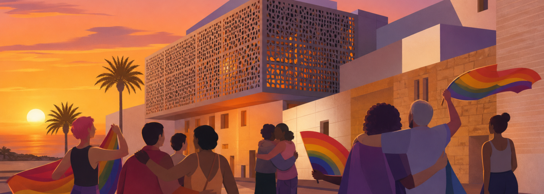 Fachada estilizada del Centro Cultural La Chanca con figuras diversas celebrando y elementos de colores arcoíris.