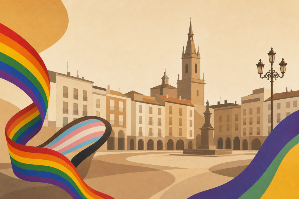 Banderas LGTBIQ+ y cintas de colores ante la silueta abstracta de una plaza urbana de Logroño.