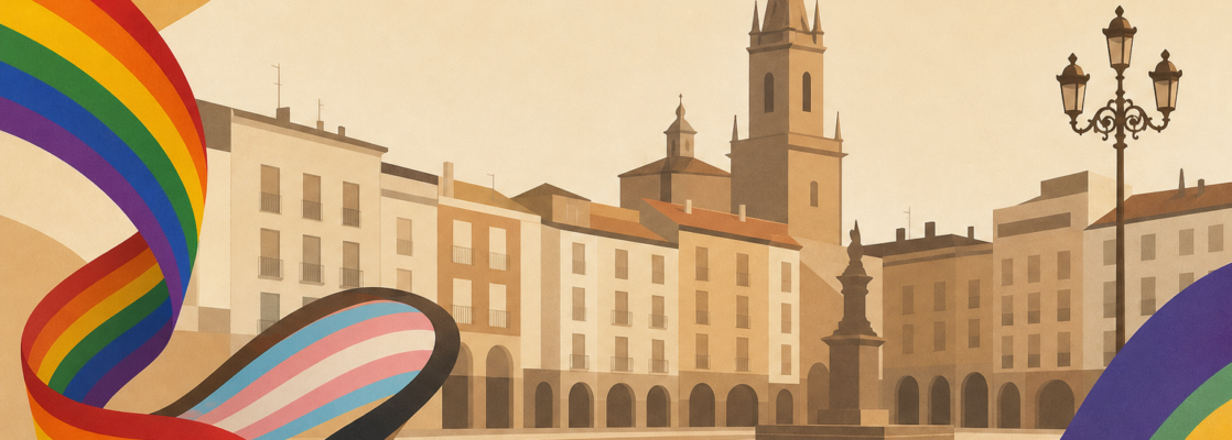 Banderas LGTBIQ+ y cintas de colores ante la silueta abstracta de una plaza urbana de Logroño.