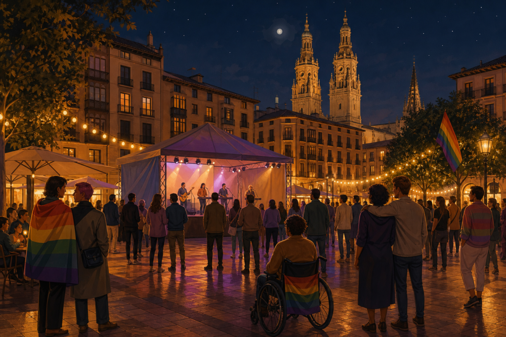 Plaza nocturna de Logroño con escenario, figuras adultas diversas y banderas LGTBI sutiles en un ambiente inclusivo.