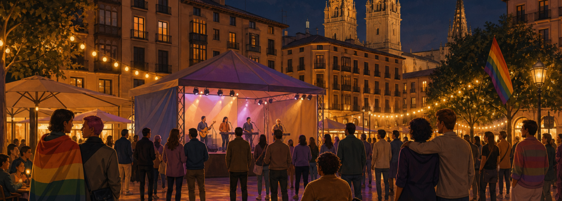 Plaza nocturna de Logroño con escenario, figuras adultas diversas y banderas LGTBI sutiles en un ambiente inclusivo.