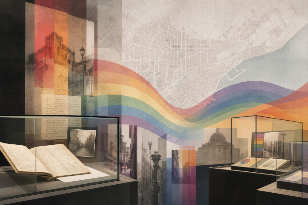 Ilustración de vitrinas históricas y un mapa de Barcelona unidos por motivos con colores de la diversidad.