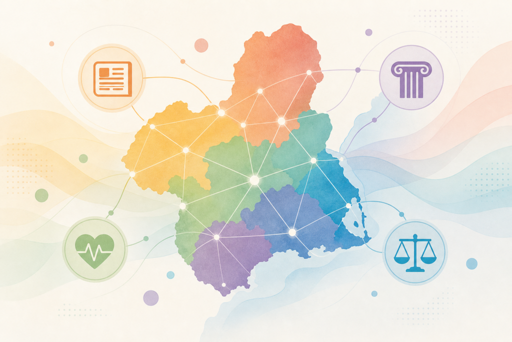 Mapa estilizado de Murcia con colores inclusivos e iconos de noticias, cultura, salud y derechos conectados.