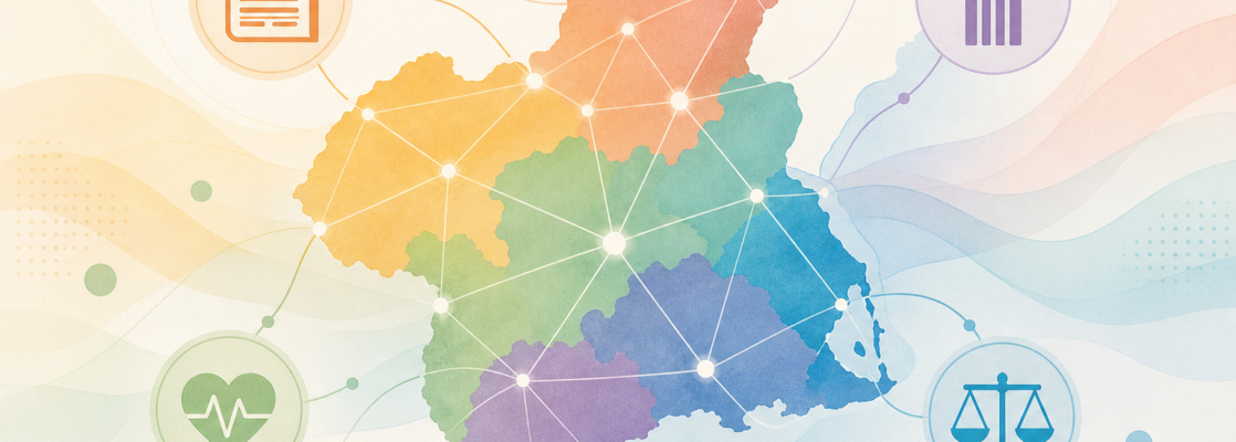 Mapa estilizado de Murcia con colores inclusivos e iconos de noticias, cultura, salud y derechos conectados.