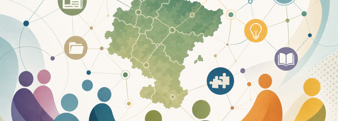 Mapa estilizado de Navarra conectado a nodos e iconos de noticias, agenda y recursos LGTBIQA+.