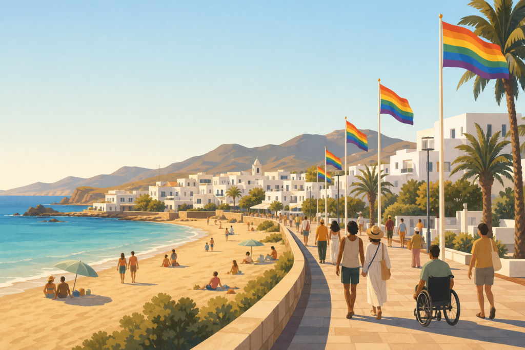 Playa mediterránea con banderas arcoíris, edificios blancos de Níjar y siluetas anónimas en el paseo marítimo.