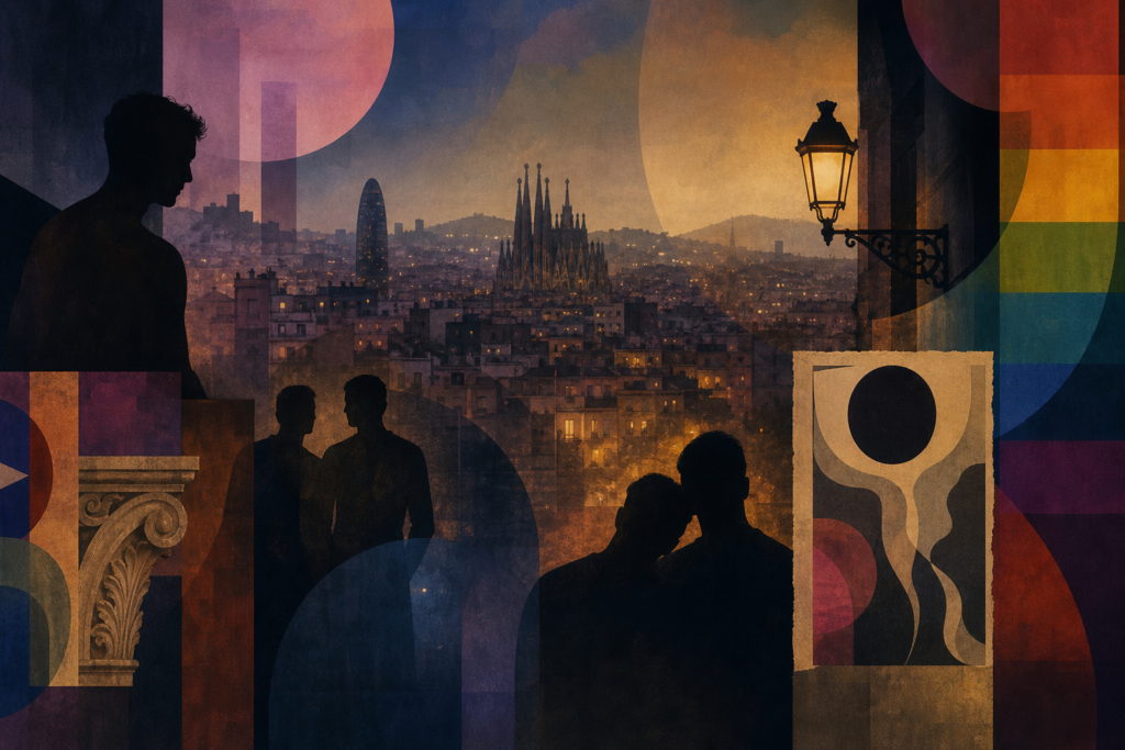 Collage simbólico con siluetas no identificables y el perfil nocturno de Barcelona, evocando la memoria LGTBIQ+.