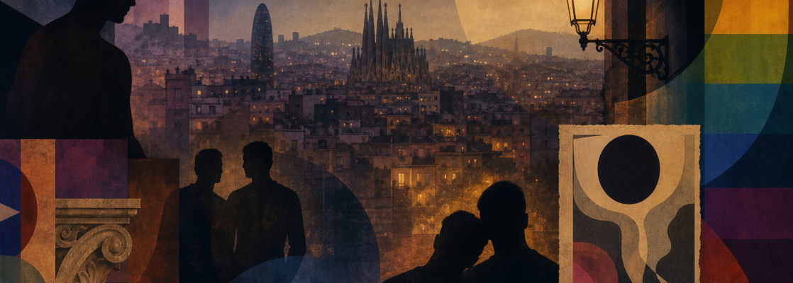 Collage simbólico con siluetas no identificables y el perfil nocturno de Barcelona, evocando la memoria LGTBIQ+.