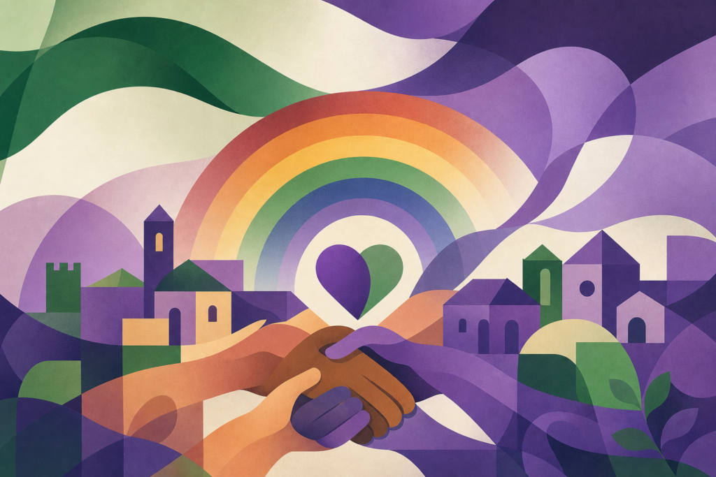 Banderas abstractas andaluzas y símbolos de inclusión representan una alianza municipal por la diversidad LGTBI.