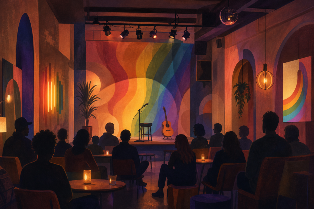 Interior ilustrado de un club LGTBIQ+ en Murcia, con escenario, público diverso en siluetas y detalles arcoíris.