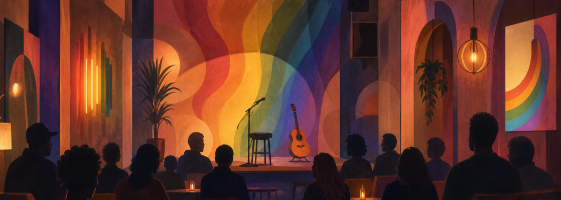 Interior ilustrado de un club LGTBIQ+ en Murcia, con escenario, público diverso en siluetas y detalles arcoíris.