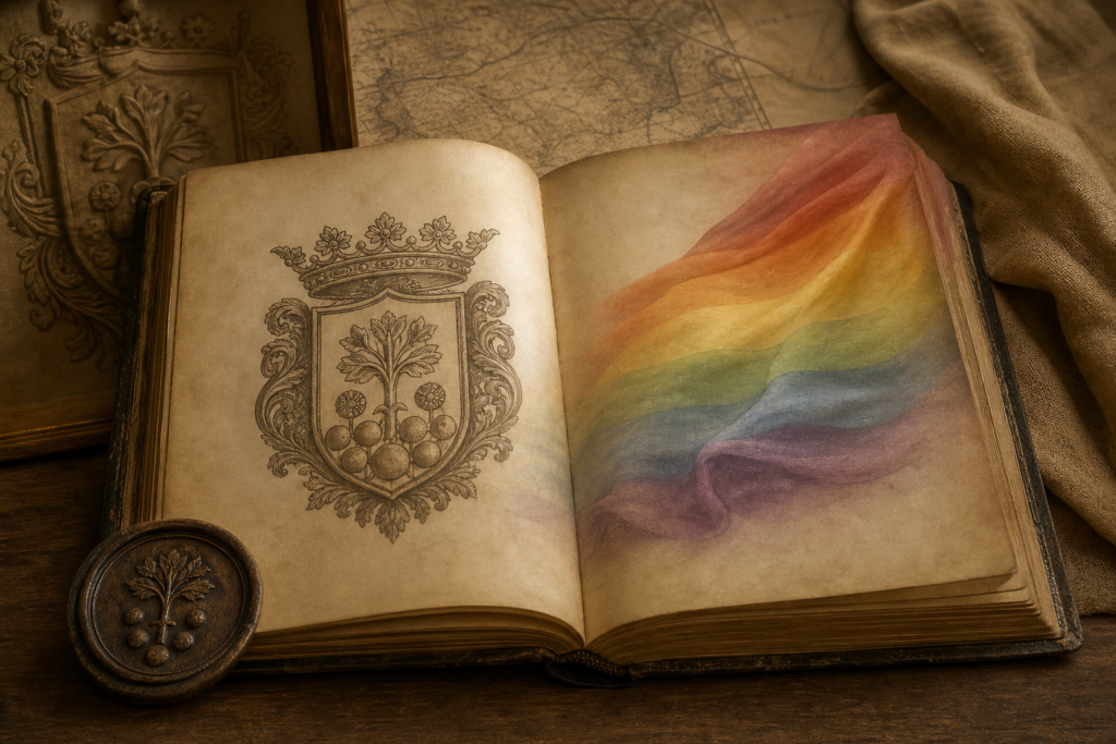 Libro antiguo abierto junto a un pañuelo arcoíris y un sello heráldico estilizado, con tonos sepia y luz cálida.