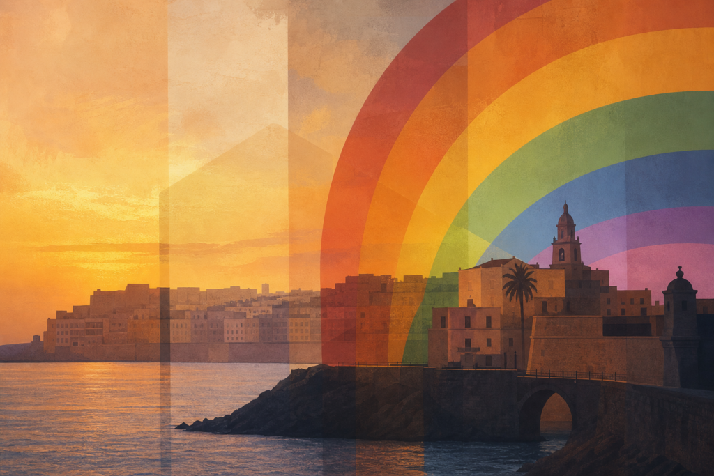 Banderas LGTBI estilizadas ante siluetas de edificios y el perfil marítimo de Ceuta en tonos sobrios.
